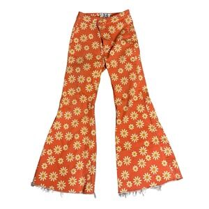 We Free People Floral Daisy Print Flare Jeans Womens 24 Crop Raw Hem